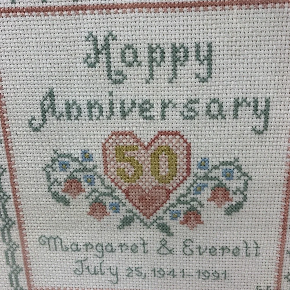 Vtg Framed Completed Cross Stitch 50th Happy Anniversary Floral Heart 12